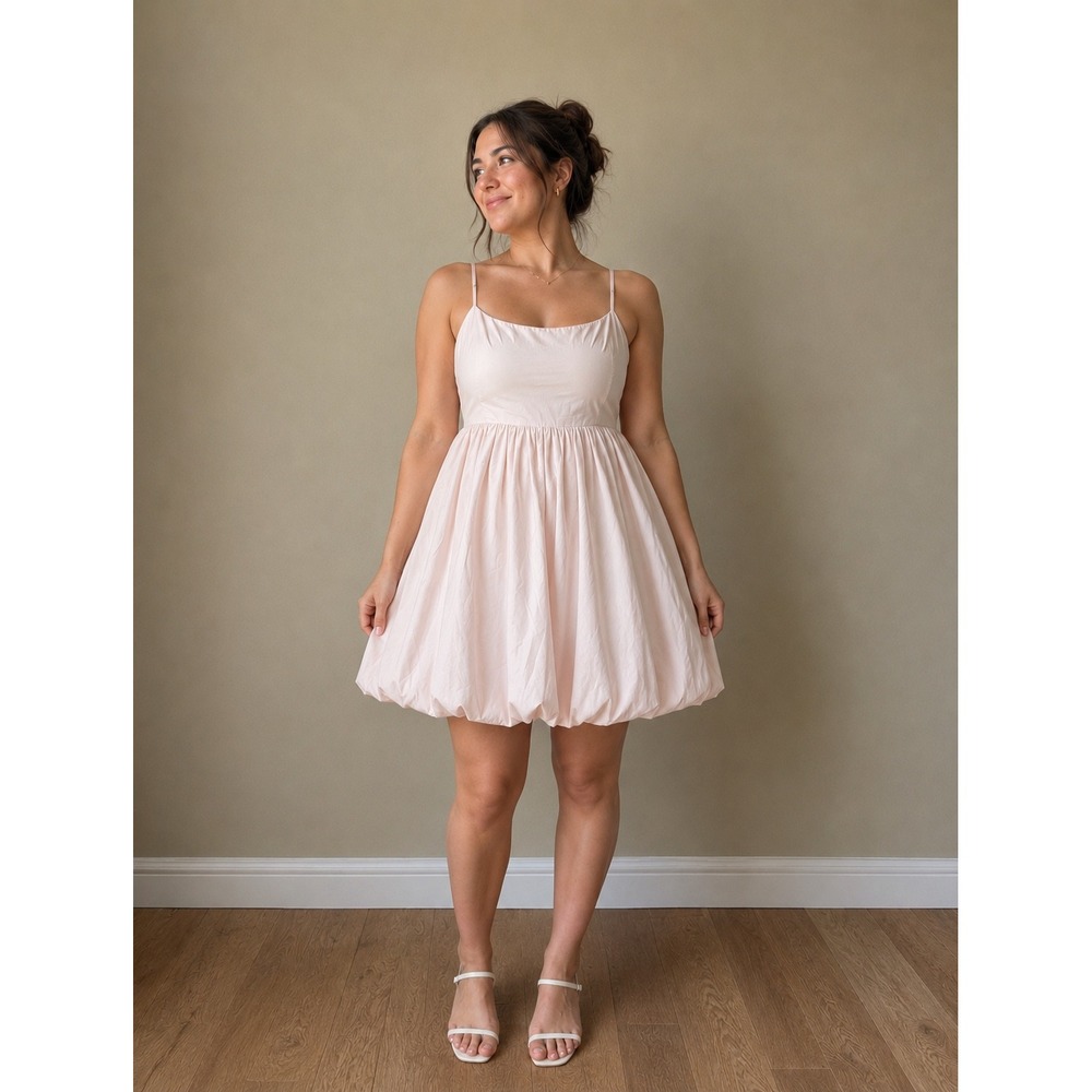 Aritzia Sunday Best Pink Cotton Bubble Hem Mini Dress XL Smocked Back Poplin